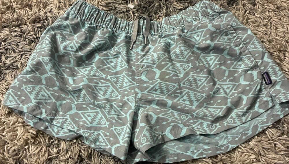 Patagonia Barely Baggies Shorts Womens M Turquoise Gray Pockets Drawstring Logo